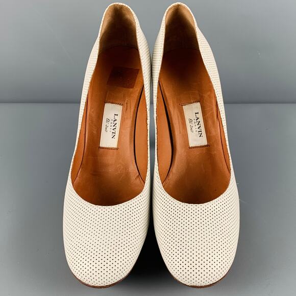 LANVIN Size 11 White Brown Leather Perforated Platform Pumps - Picture 4 of 10